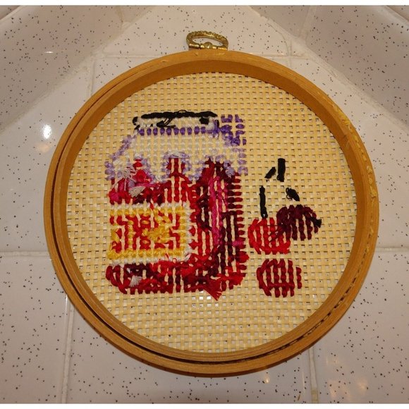 Vintage Needlepoint Hoop Art Cherries on Woven Rattan wood frame farmhouse decor - Picture 10 of 11